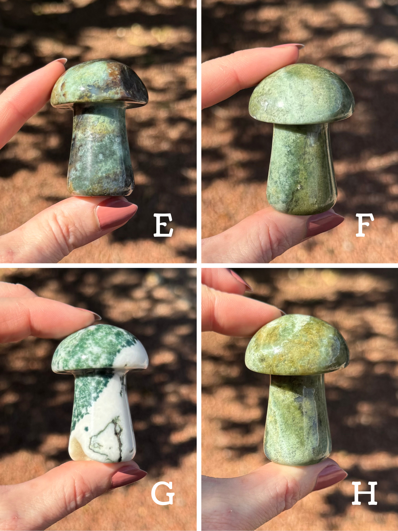 Four mages previewing options E through H. E is a darker mottled blue-green and brown; F is a sea-foam light green; G white with green moss agate patterning; H yellow-green with swirl on cap