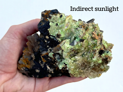 The specimen held in a hand for scale, as large as the hand. The image is captioned "indirect sunlight" as the hyalite is lightly glowing yellow-green