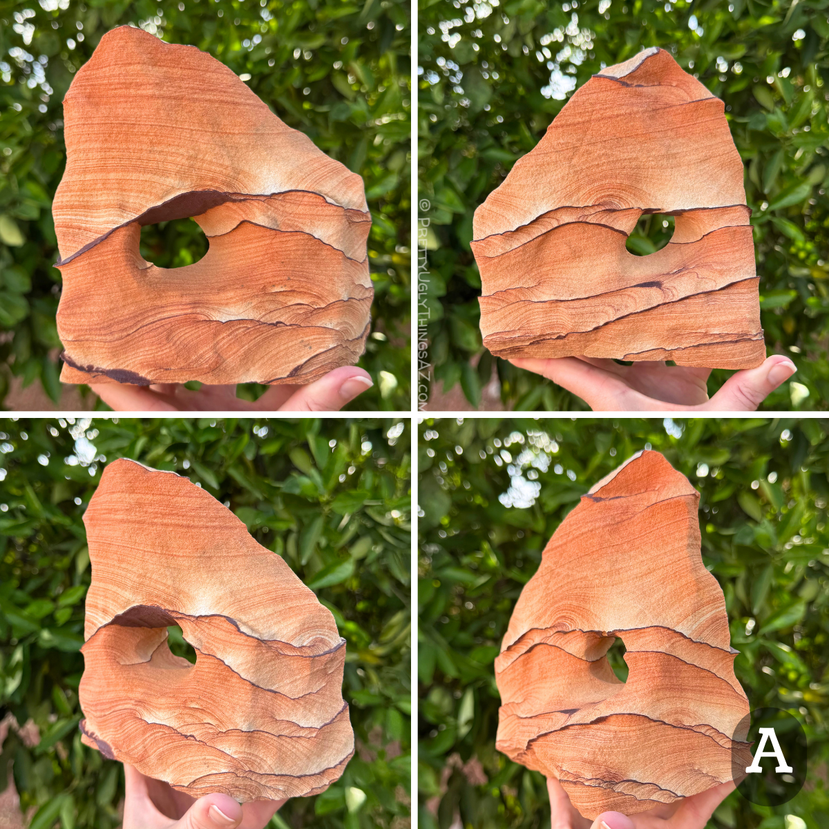 Option A, four views of different angles. The sandstone arch is large, broad, and blocky, with an asymmetric peak and an off-round hole through the middle. The piece is striped horizontally with thin dark iron bands, the lines curved like rows of hills with rings of layering like a sun over the top line. Between each band, the sandstone has a gradient from near-white to red-orange, with good layering.