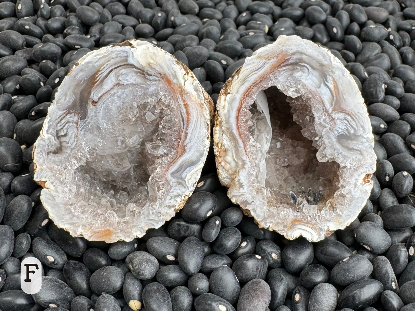 Option F: an oval geode split in half, with the edges a swirling white agate with gray and red-brown tones, and the interior lined with colorless druzy