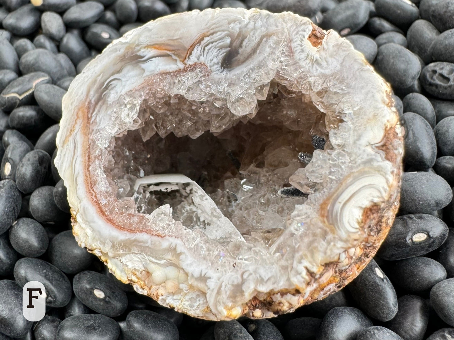 Option F: detail of the white crust formation inside the piece, a fine sugary white layer shaped like a partial hexagonal prism. Looking down the end, there is a smaller partial hexagonal crust inside.