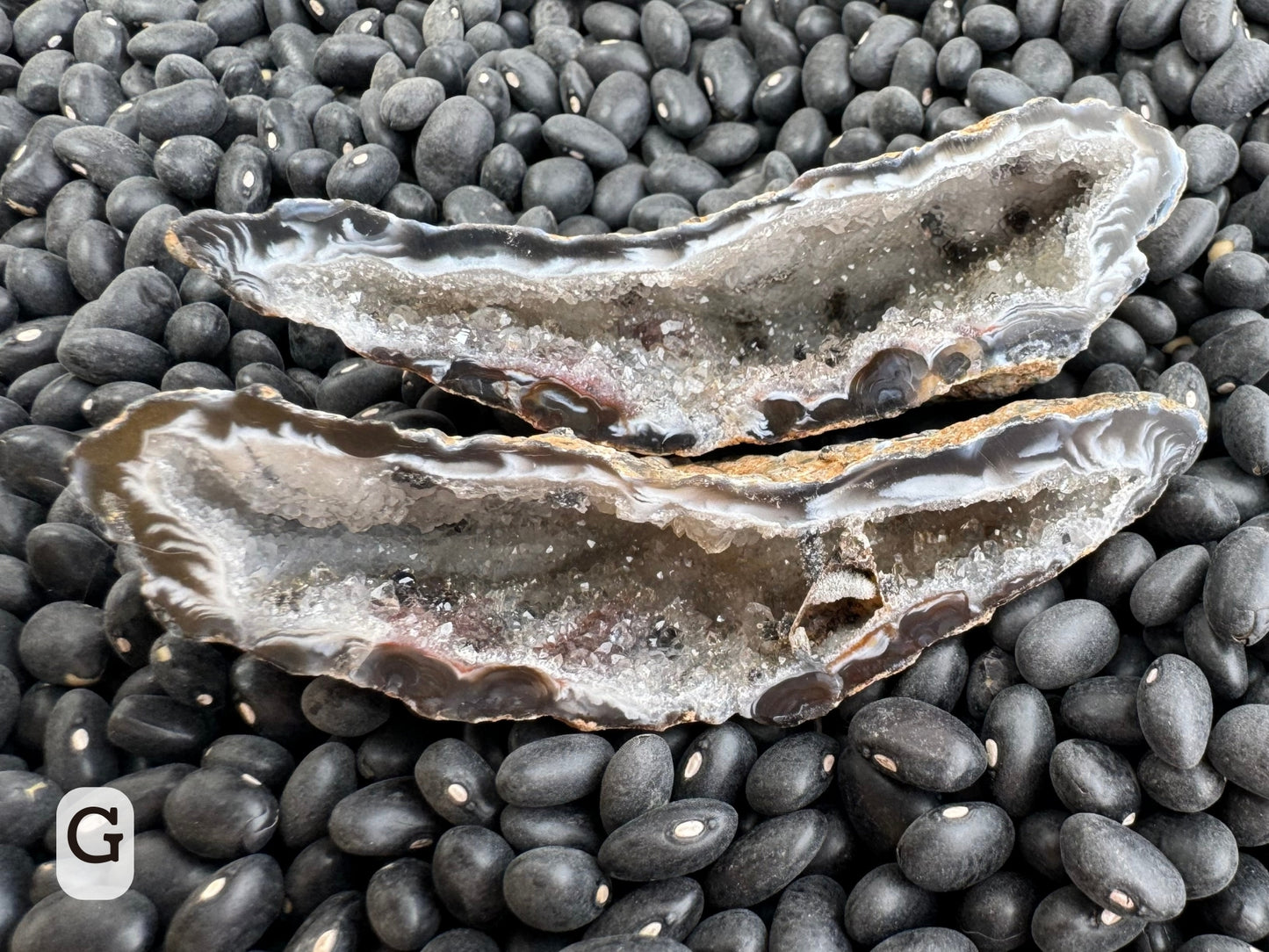 Option G: a long thin geode pair, shaped like a jalapeno. The border is a swirling white and dark brown feather agate, with the interior lined with light druzy.