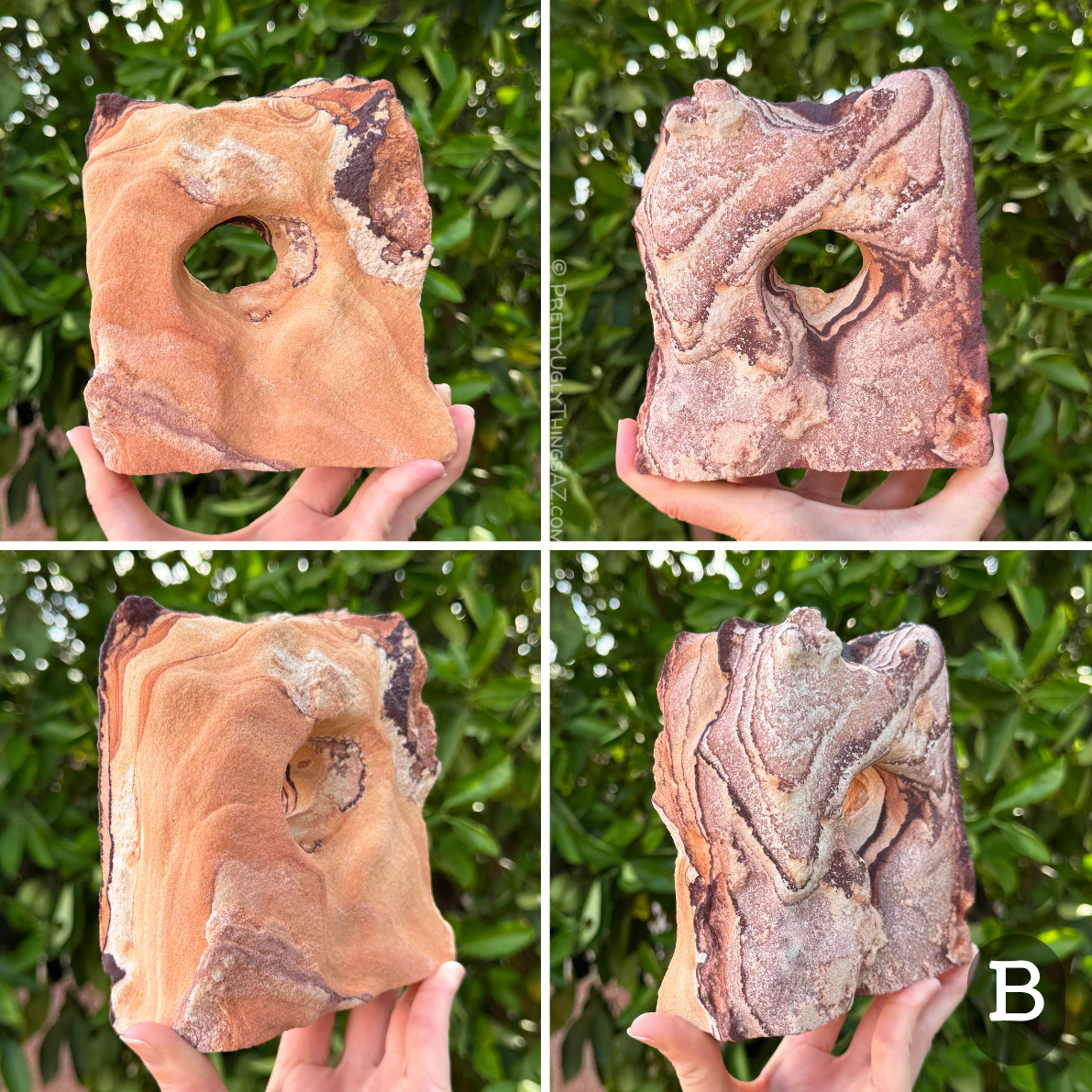 Option B, a blocky square arch with an irregular hole in the center. One of the main faces is a light orange color with lighter streaking, and patchy dark iron banding on the top corner. The other face is covered with near-white sandstone patterned with dark red-purple splotching and swirling banding.