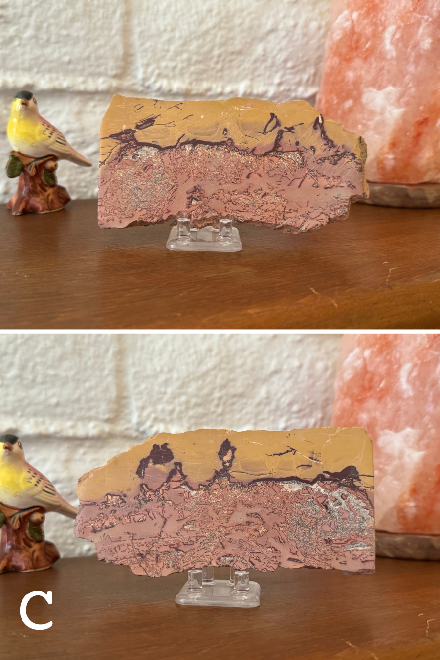 Jasper slice option C, a band of yellow across the top separated from the peach background by dark veining. There is irregular intricate veining throughout the peach background