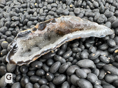 Option G: detail of one of the halves of the geode, the interior lined with colorless druzy with a white backdrop, highlighting small black spots under the druzy.