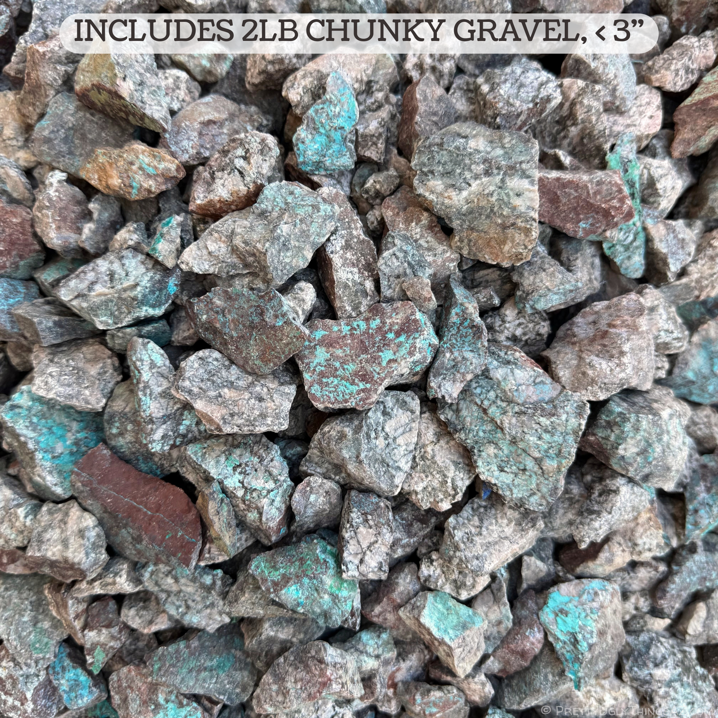 A pile of small chunky pieces of the kino blue, with text "includes 2 lb chunky gravel, under three inch"