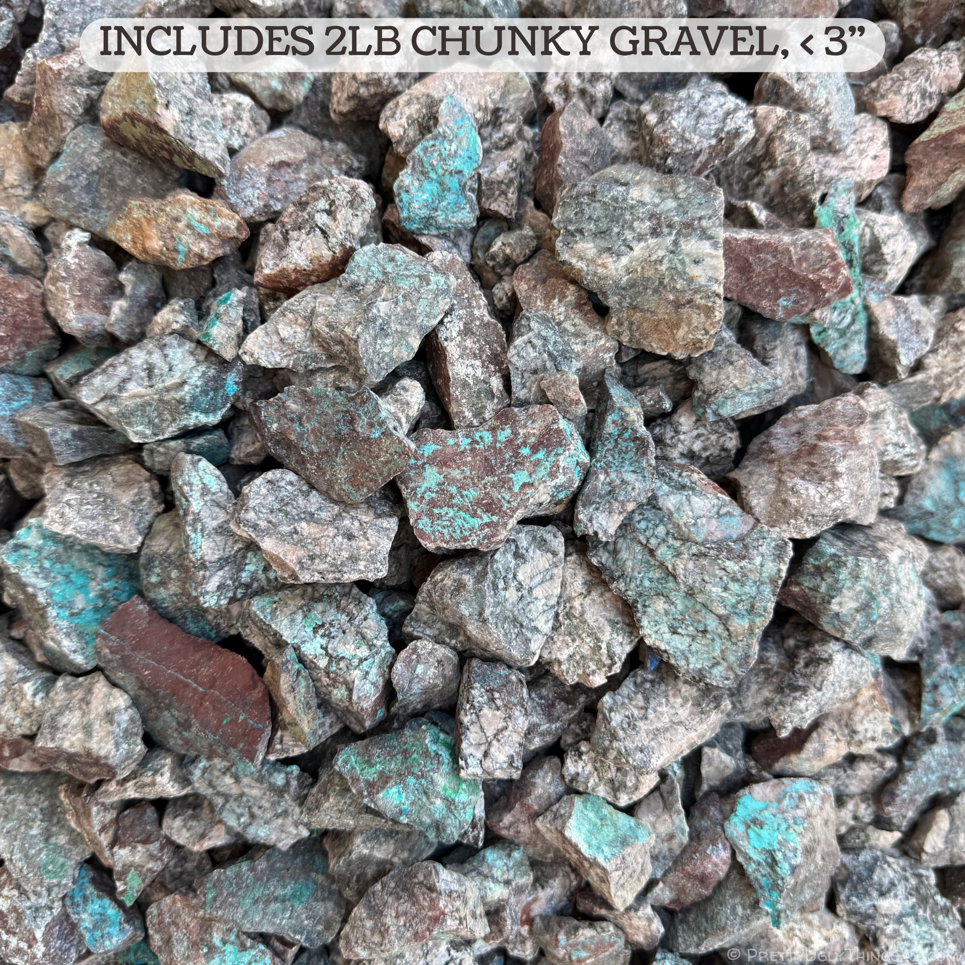 A pile of small chunky pieces of the kino blue, with text "includes 2 lb chunky gravel, under three inch"