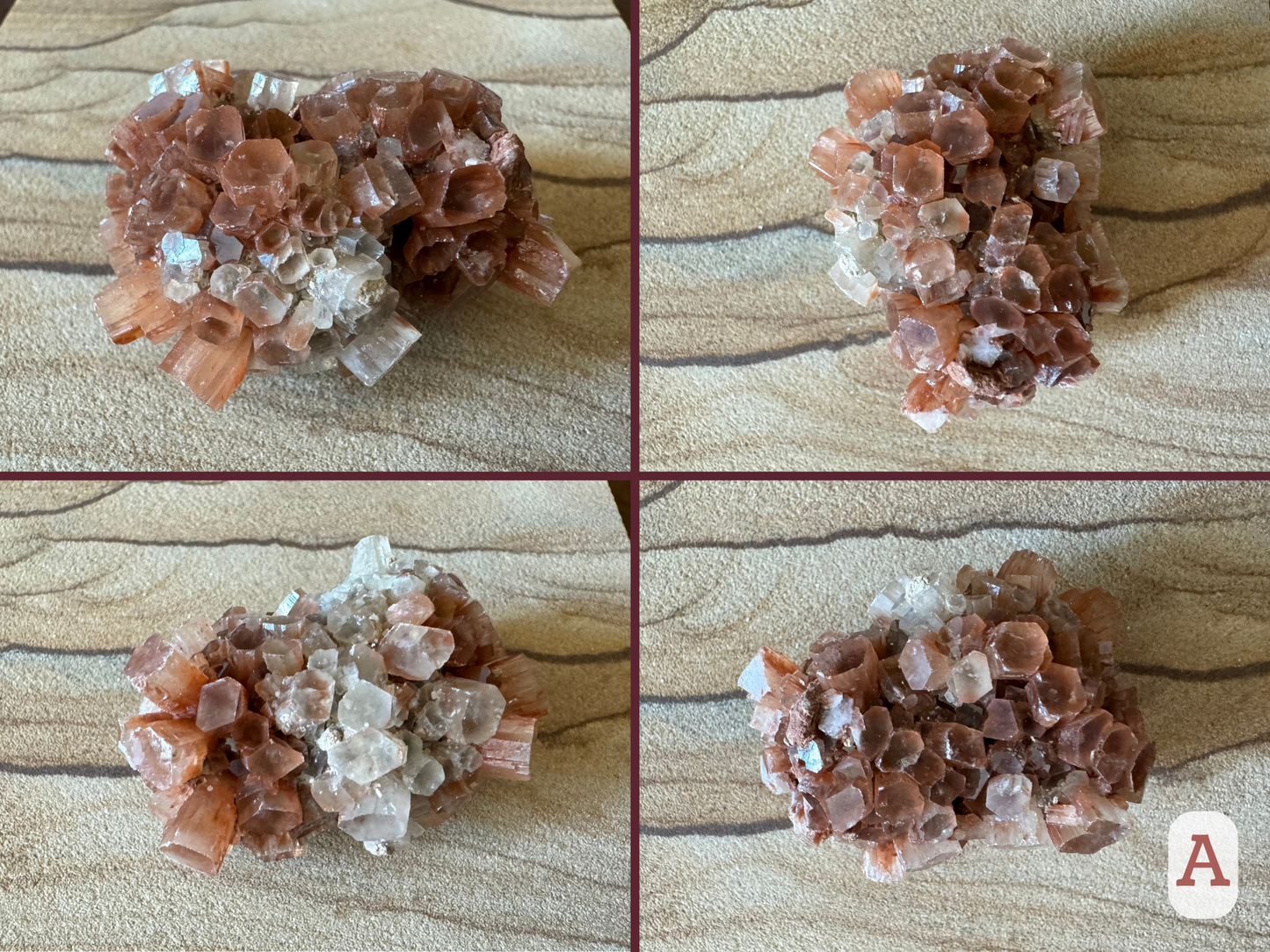 Option A, four views of a sputnik aragonite shaped like a peanut, with well-formed stubby thick crystals radiating out. It is mostly red-brown with white coloration over half of one side.