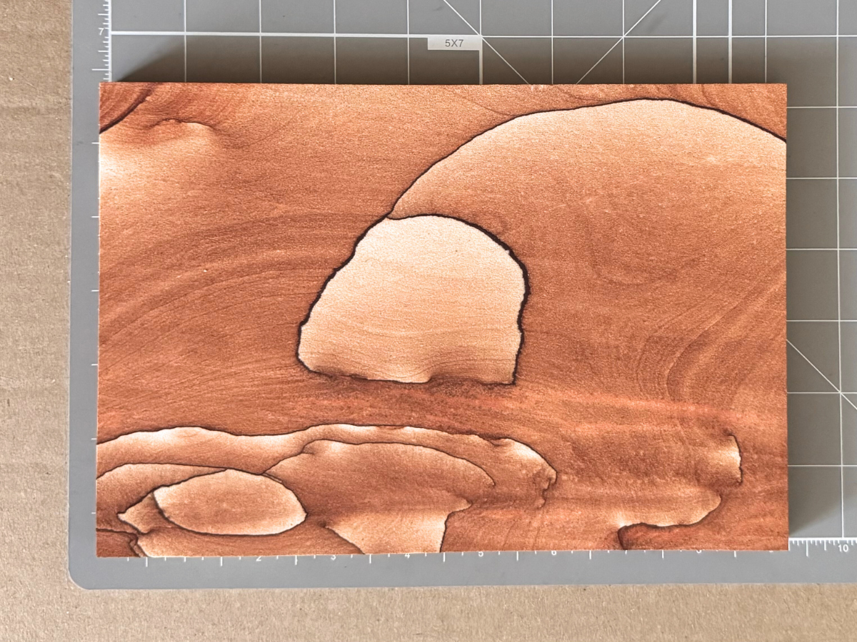 Scale image of the piece on a measuring mat, measuring a bit over nine inches long and six inches wide.