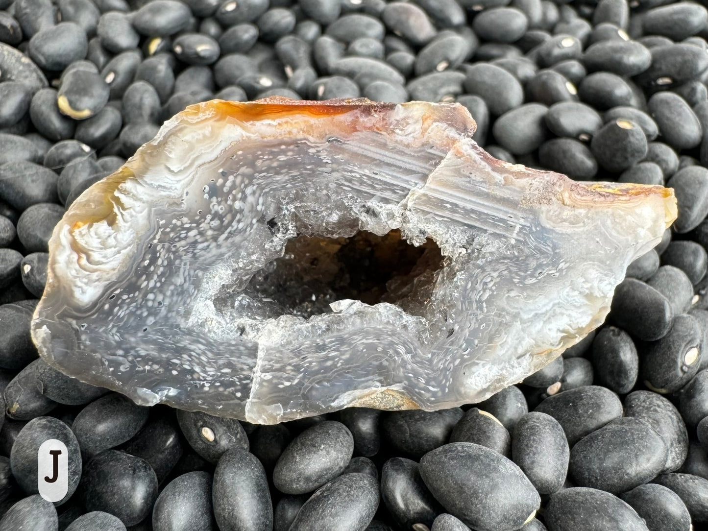 Option J: Detail of one of the geode halves, a dark semi-translucent chalcedony with swirls through it composed of white spots, with the spots aligned with solid straight lines on one side.