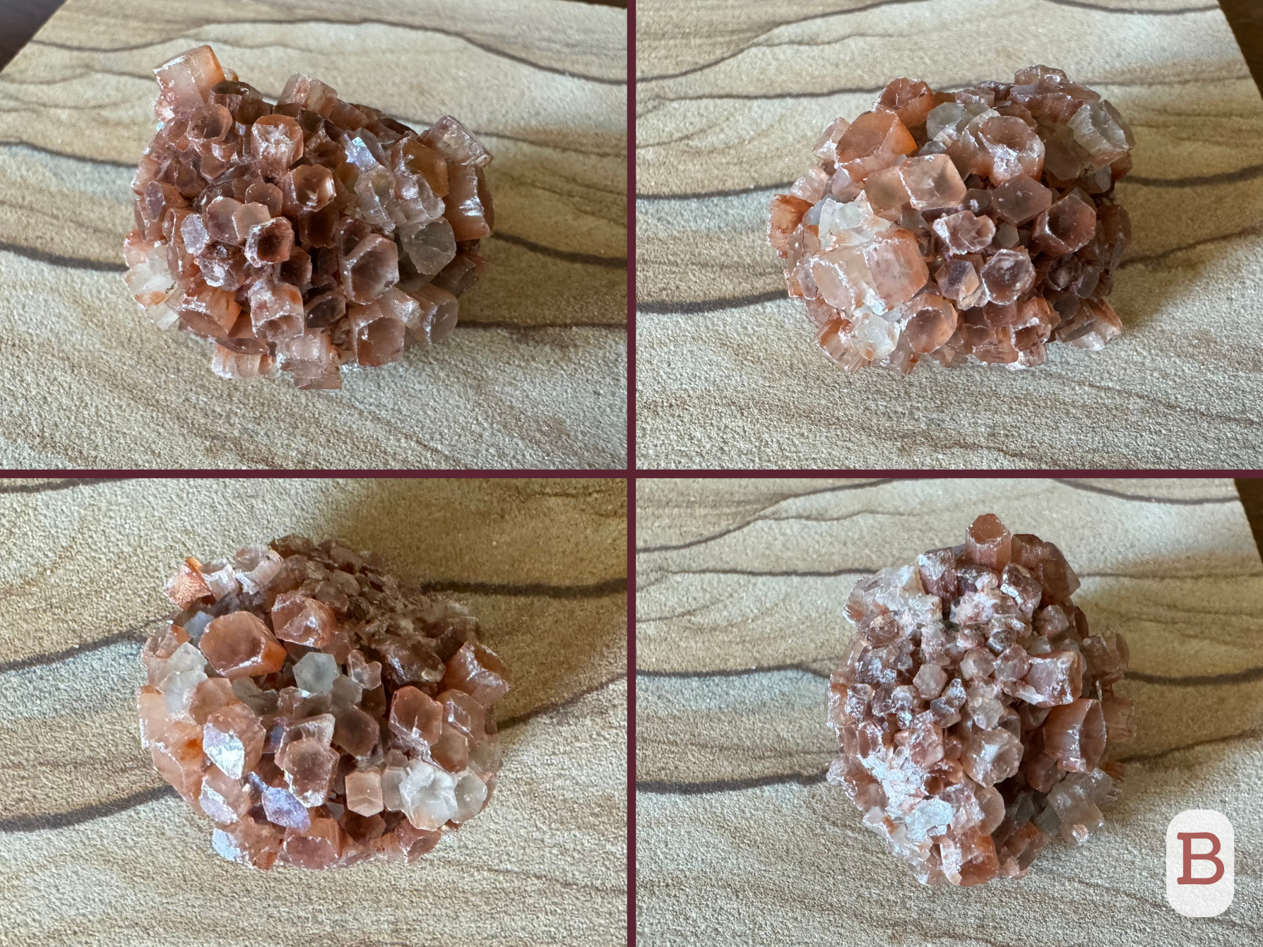 Option B, four views of an egg-shaped sputnik aragonite with short crystals with hexagonal and flattened hexagon shapes. One side has broken crystals. The piece is mostly red-brown with a handful of white crystals sprinkled across the surface.