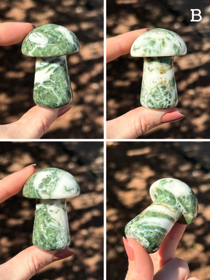 Option B, four views of a white and green agate mushroom. One side is mostly white, and the other mostly green, mixed in streaky veining patterns.