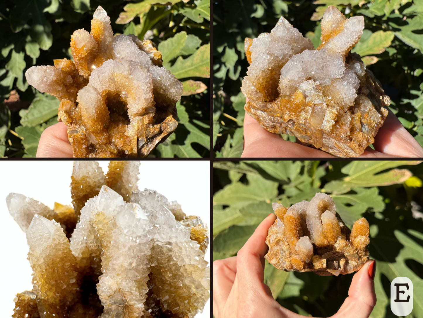 Option E, four views of a cactus quartz cluster with a half dozen points jutting tall at askew angles. The quartz is close to white with orange iron staining on some sides of the points.