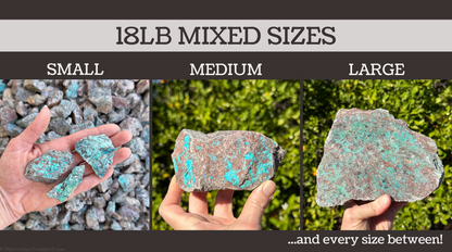 Labeled as 18 lb mixed sizes, the image shows the range of sizes in the mix, with three examples shown held in hands for scale. The first, labeled "small," shows three relatively small rocks held on a hand held flat. The second is medium, a rock approximately the size of a potato. The large rock is wide and flat, about two and a half times as wide as the hand holding it. Text at the lower right reads "...and every size between!"