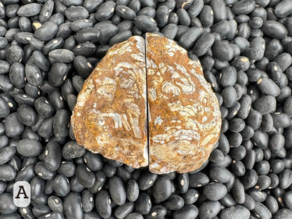 Option A: The geode pair placed together closed, showing ropy swirling patterns of brown and white.