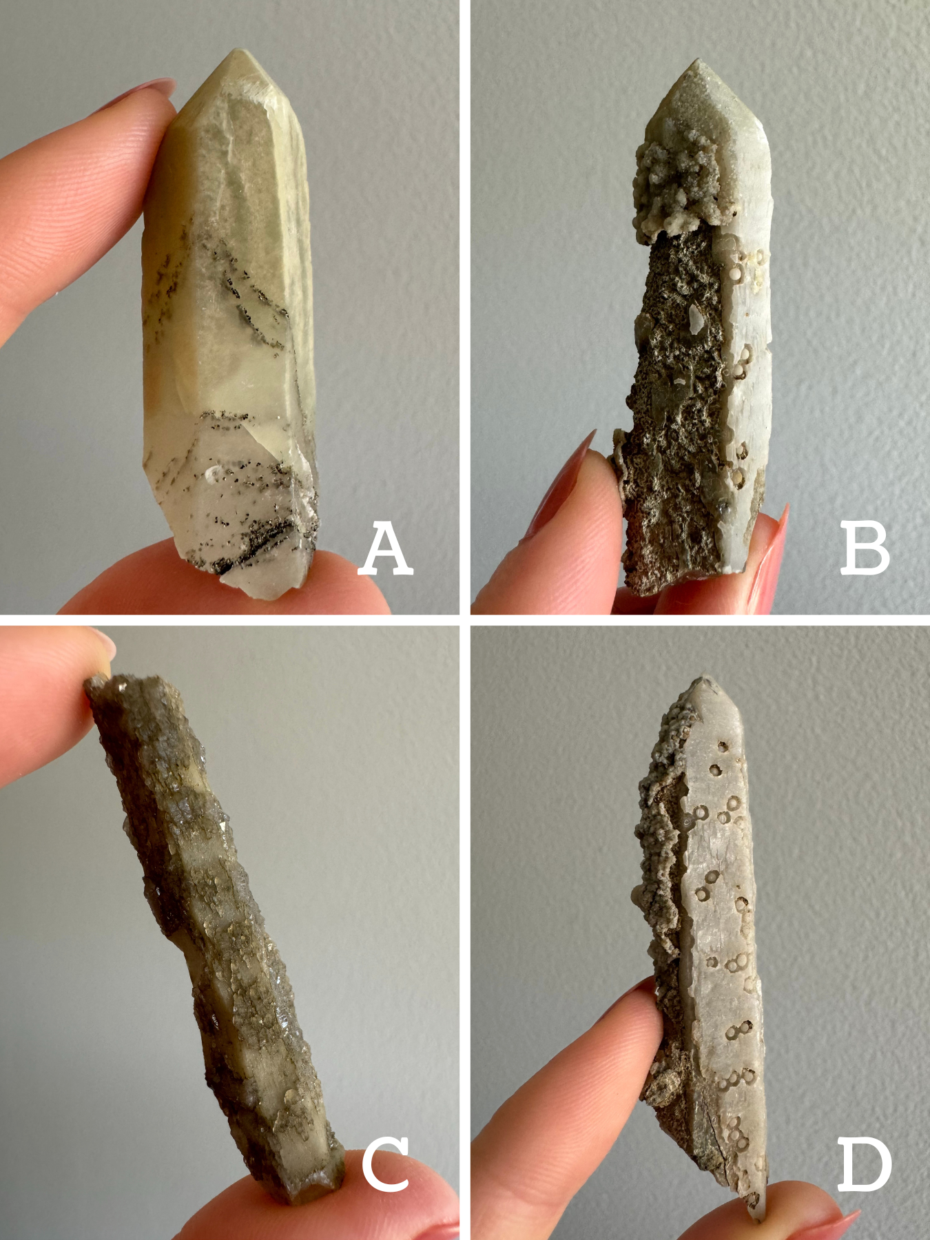 Four images, a preview of the four small quartz points. Option A is a point included and semitranslucent with creamy inclusions, and stripes. Option B is half smooth with round circles on the surface, and the other half is rough and irregular. Option C is a point broken on both ends, a taupe color with glittery crystals coating the outside. Option D has an irregular crust on one side, and a smooth face with indented circles all over it.