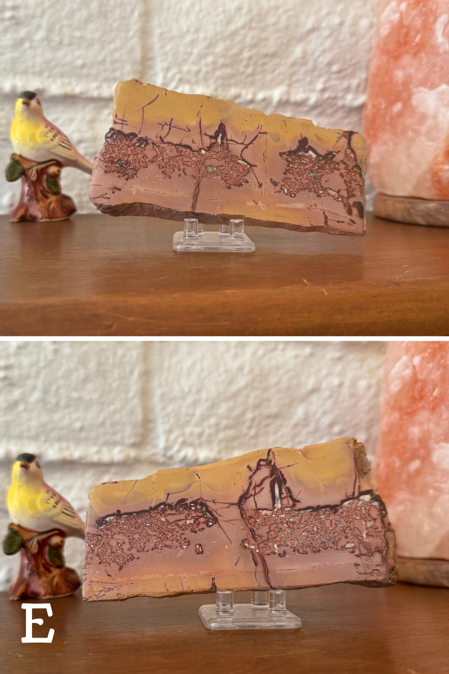 Jasper slice option E, which has a yellow background with a band of veining surrounded by peach background running through the middle.