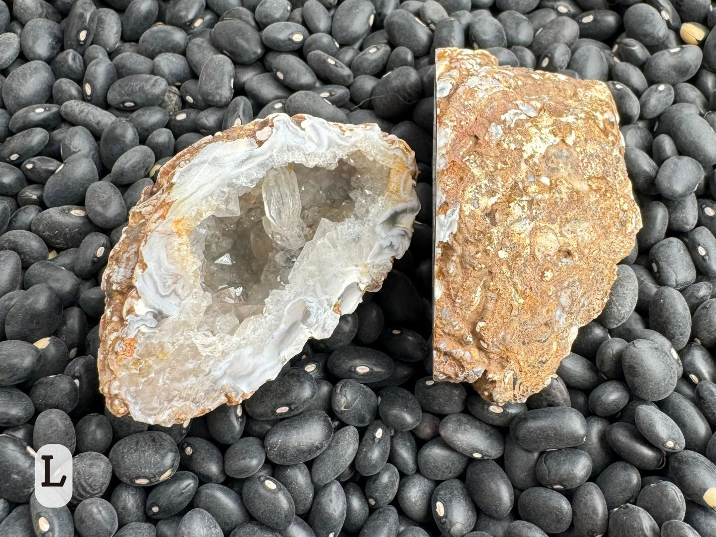 Option L: geode pair showing the exterior of one half is a rough brown rock without much form. The other half has a larger quartz crystal inside