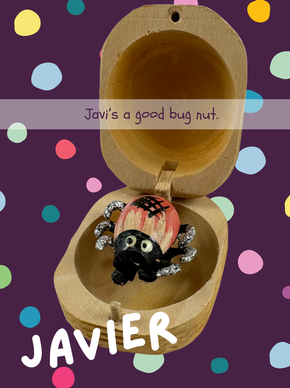 A peach bug with white streaks and a black crosshatch on its back, named Javier and captioned "Javi's a good bug nut."