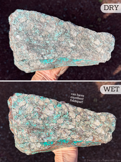 A large piece of the Kino blue rock shown both dry and wet, with text noting the rock can have excellent feldspar. The rock is heavy with large pale feldspar crystals, the darker host rock like webbing between crystals. Veins of turquoise blue chrysocolla snake through the rock. The pattern is darker and more distinct when wet.