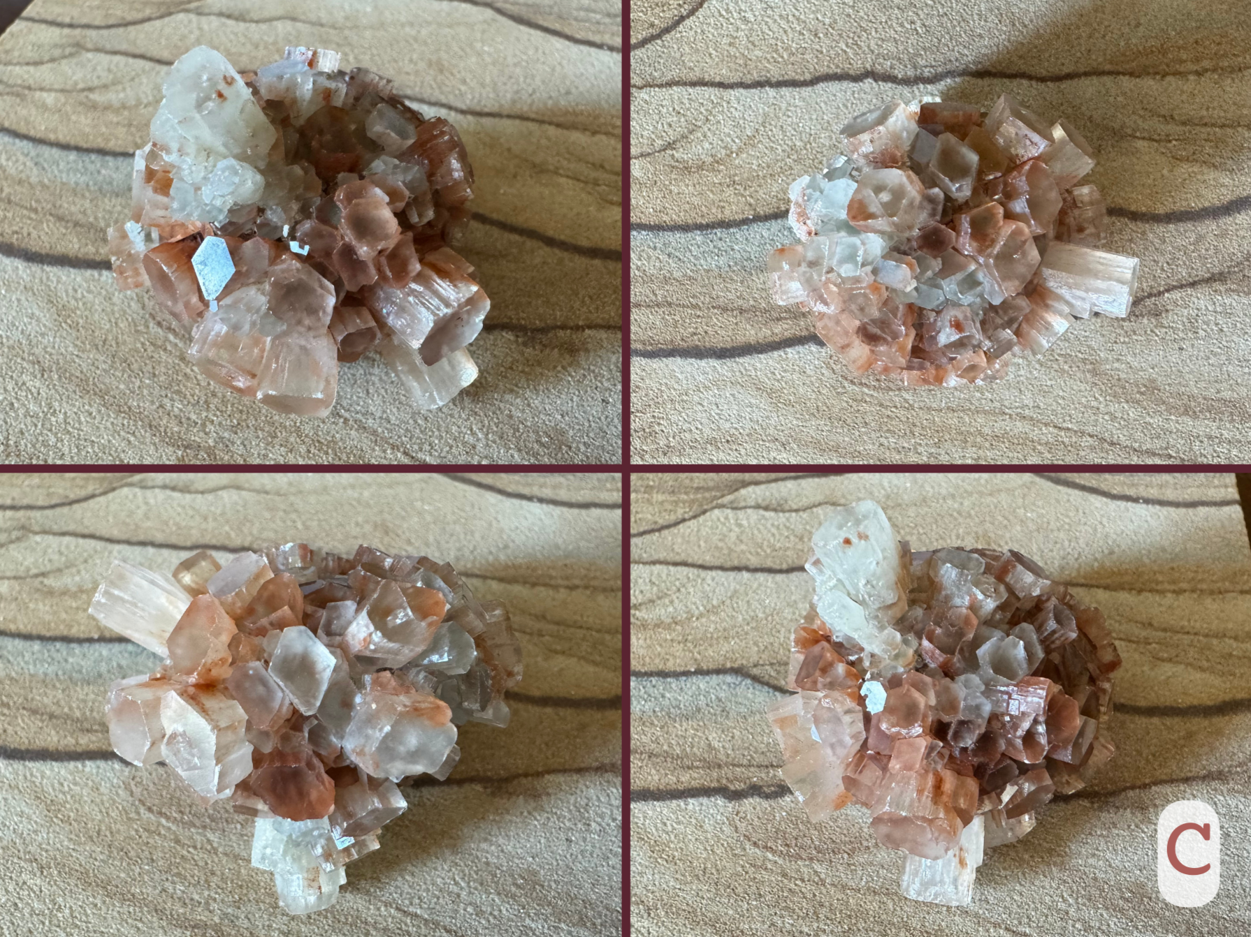 Option C, four views of a well-formed round sputnik aragonite that is mostly white with red-brown sections. There are some longer white crystals with good translucency. 