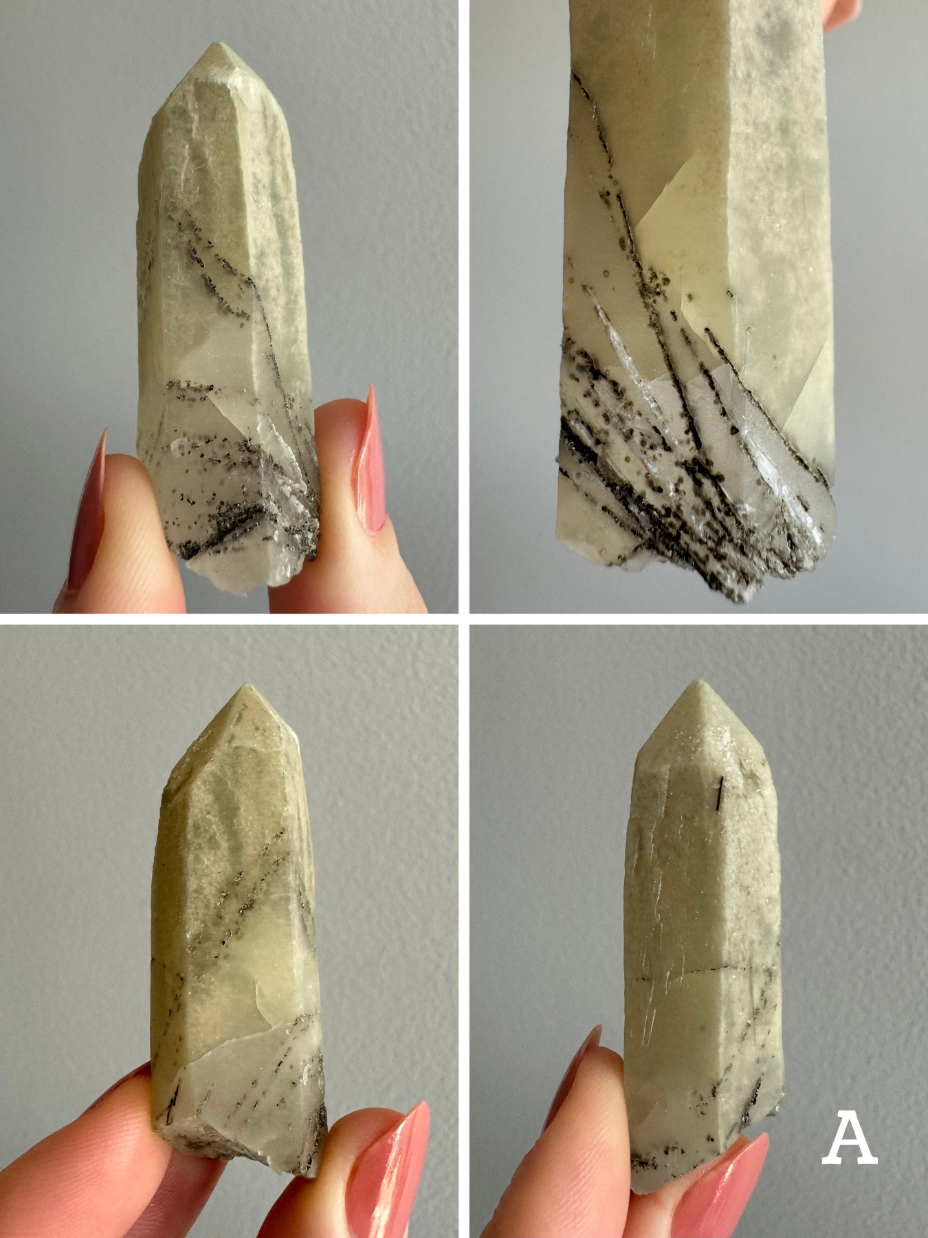 Option A, four views of a nearly opaque straight quartz point with marbled coloring due to light tan colored inclusions swirling through it. The piece has a matte surface crossed with fine black and white lines. The white lines are blade-like and the black lines are composed of small black spheres.