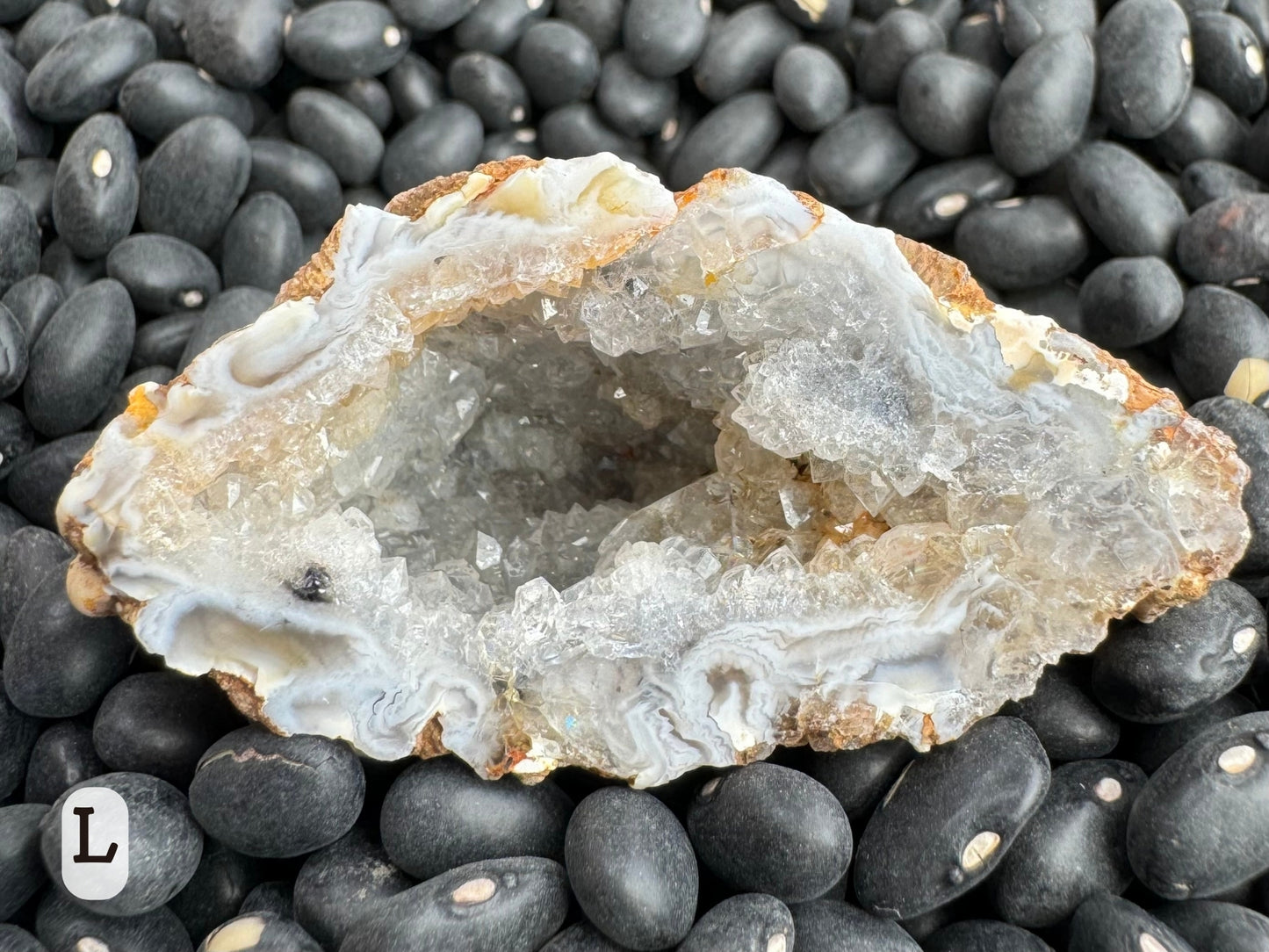 Option L: detail of one half of the geode, lined with colorless quartz and with a swirling white agate border with some feather patterning. 