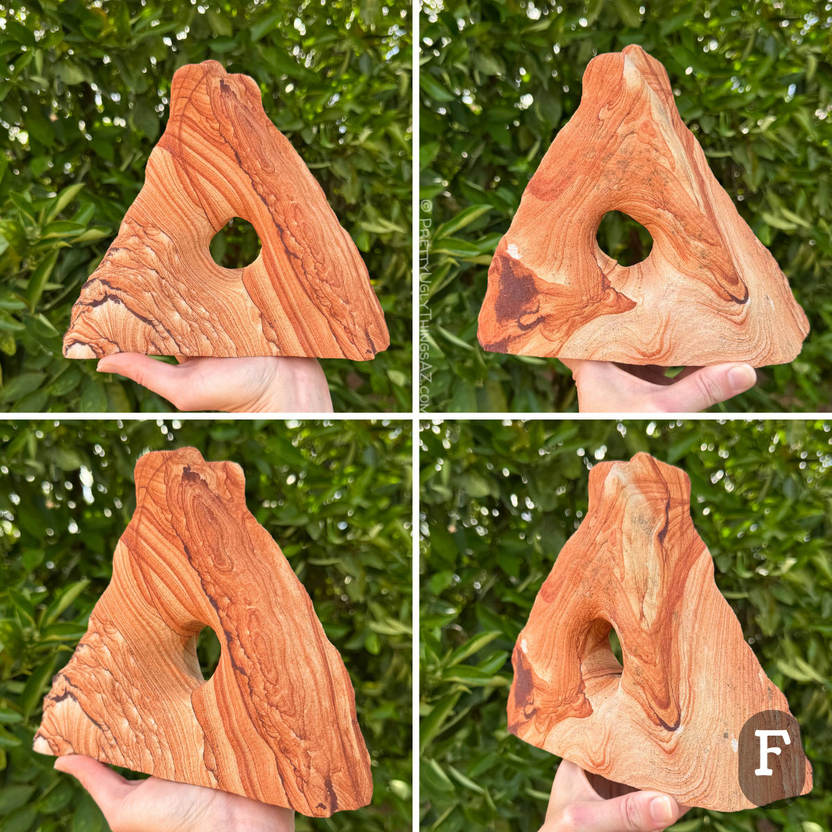 Option F, a large triangular arch that is almost equilateral, with two main flat faces and an off-round hole through the center. One face is stripe with excellent vibrant red-orange layering, with good scallop patterning across parts. The other side has melted- looking swirling layers of red-orange and light orange sections of layers.