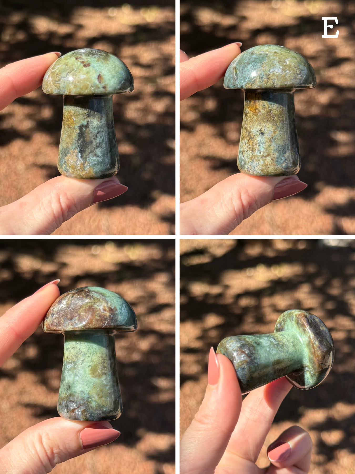 Option E, four views of a blue-green, dark brown, and yellow agate mushroom. The colors are mottled. On one side there is a translucent patch where you can see into the mushroom. One side of the mushroom cap is brown and also flat instead of rounded. This is the material's natural suface