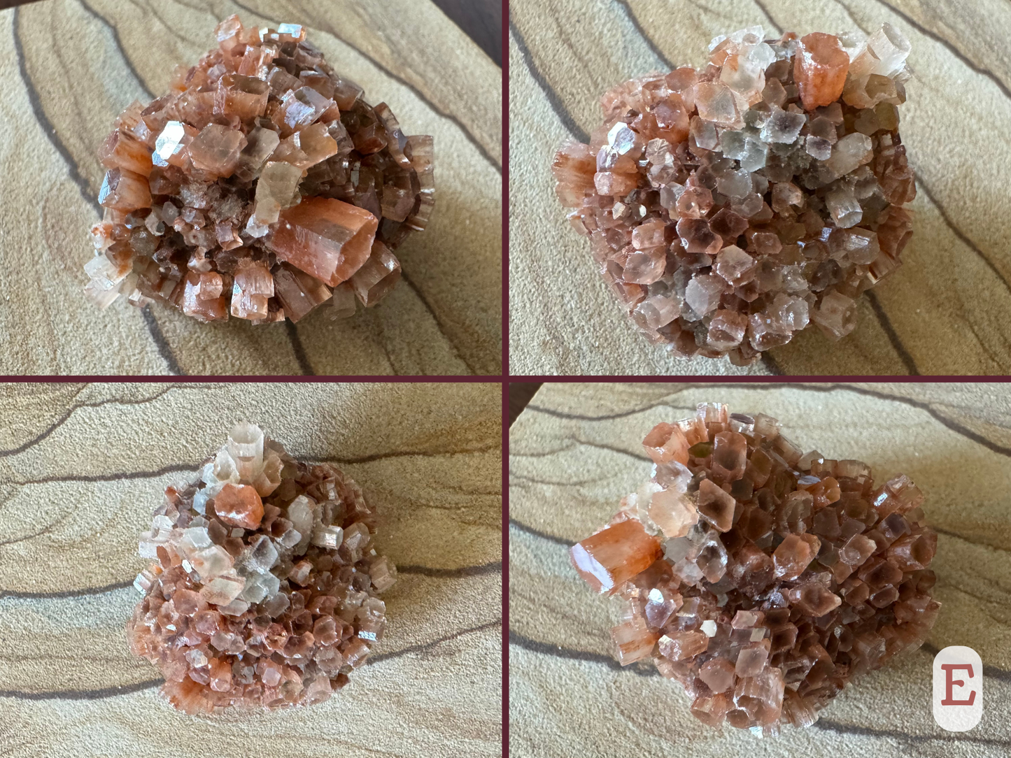 Option E, four views of an oval sputnik aragonite that is mostly red-brown with some white patches. There is a small patch of broken crystals on one side. There are a few larger crystals with good form and color, but most are short giving it a fairly even appearance.