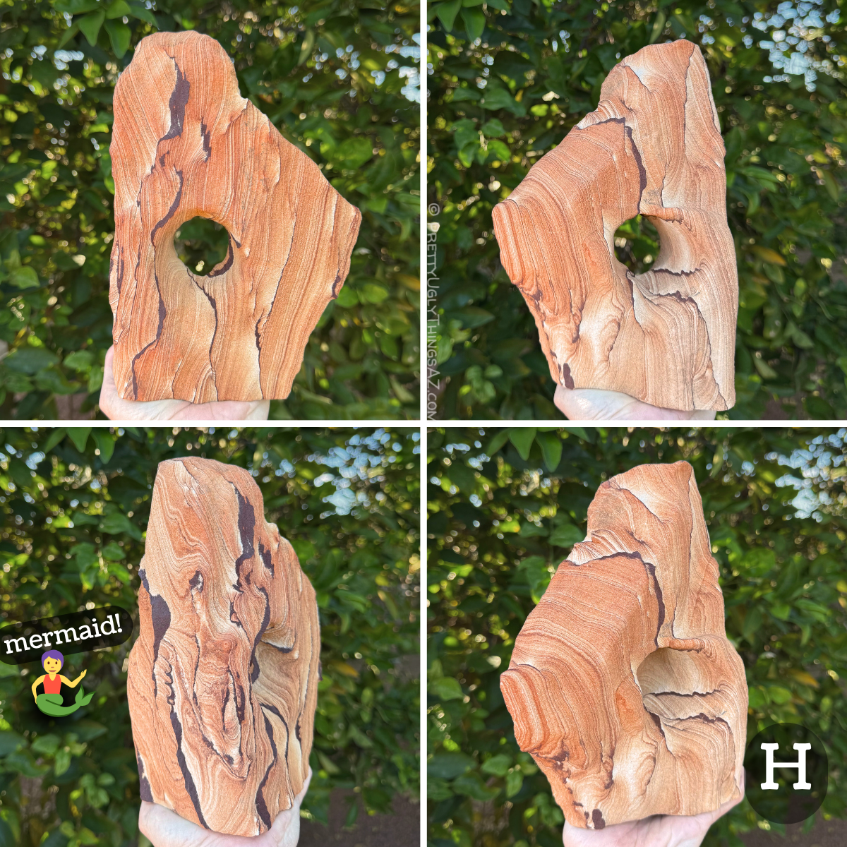 Option H, a tall arch with one straight edge and the other side angled out into a point. The piece has relatively pale orange striping, the layers running vertically, with some thin iron banding running vertically. Complex swirling pattern on one edge resembles a mermaid.