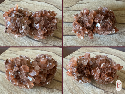 Option F, four views of a sputnik aragonite shaped like two spheres. They are covered with fairly short, even crystals. There is some overgrowth on the piece. It is all red-brown.