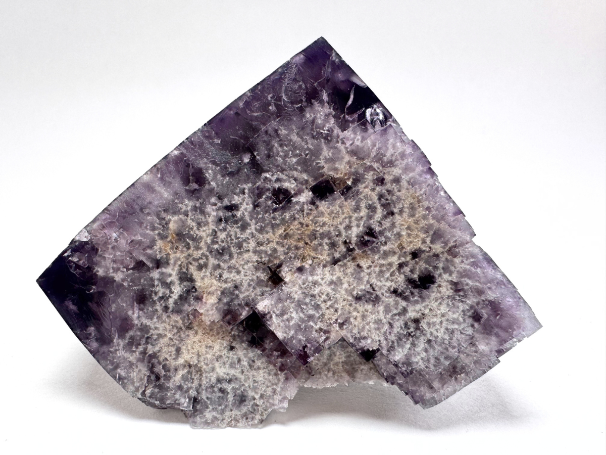 The partial cubic fluorite specimen in white lighting, without the daylight fluorescence effect. The mineral's body color is near-black with gray-purple tones. The white inclusions appear almost dendritic.
