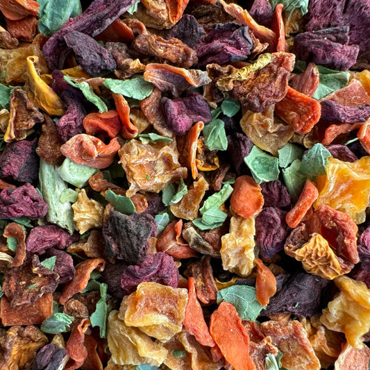 A mix of small pieces of colorful dried vegetables