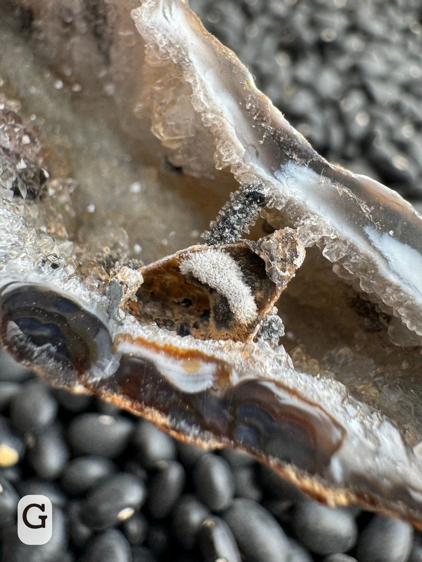 Option G: detail of the mineral formation, with a black crystal coated in druzy, a hollow point-like form, and a fuzzy-textured white mineral within it.