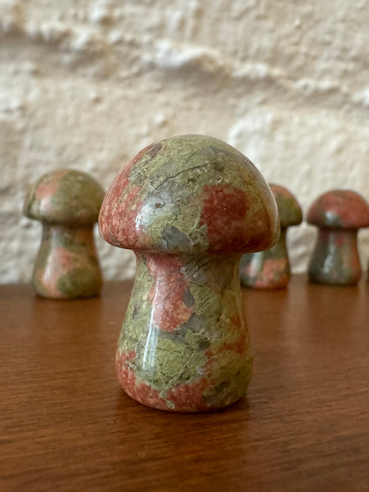 Example variant of a unakite mushroom, light green with large peachy pink-red spots. There are more variants in the background.