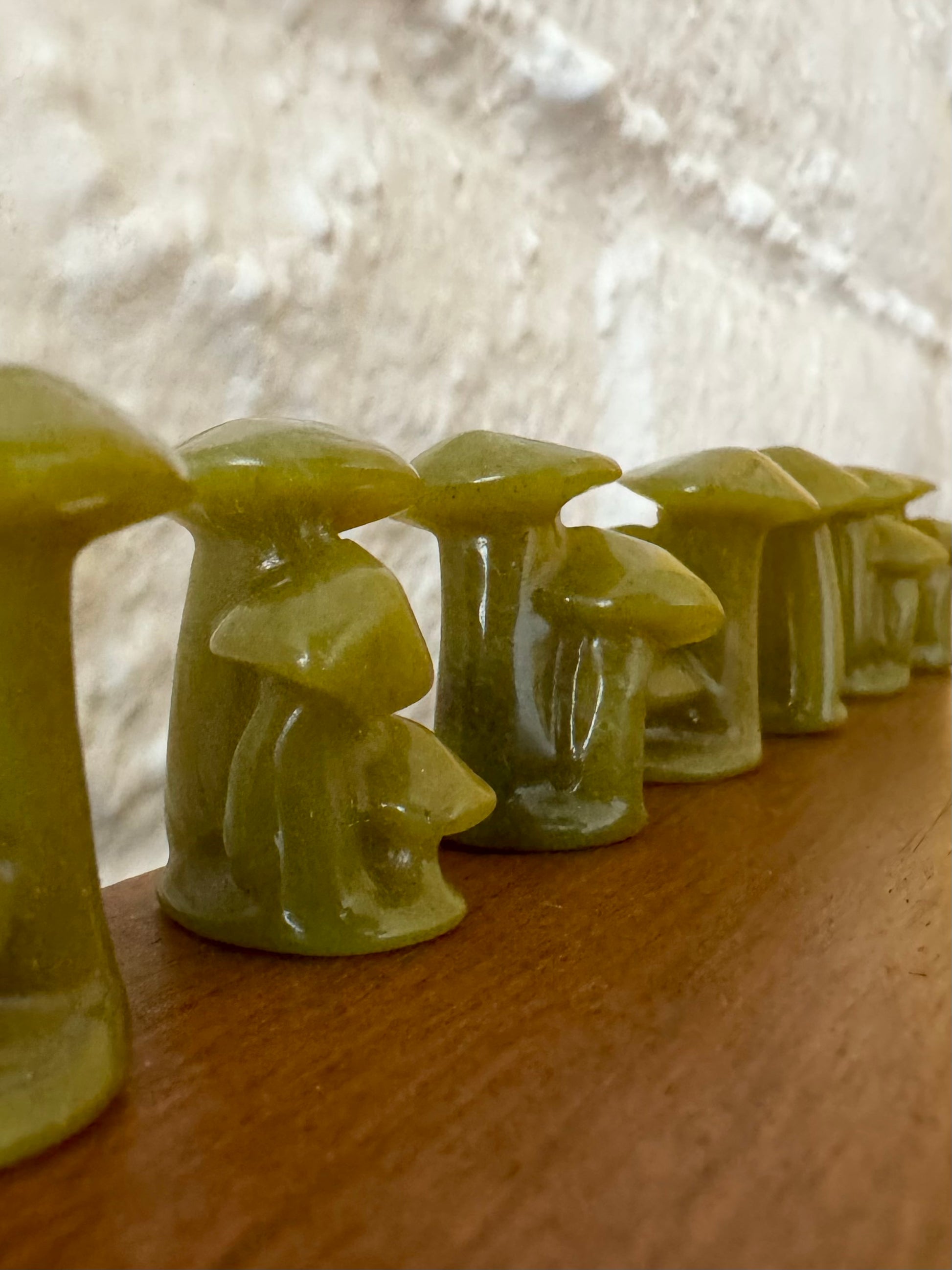 Angled view of light green mushroom trios lined up in a row