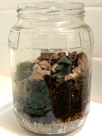 A large jar terrarium filled with dirt, leaves, and moss, with a dark green mushroom trio in it.