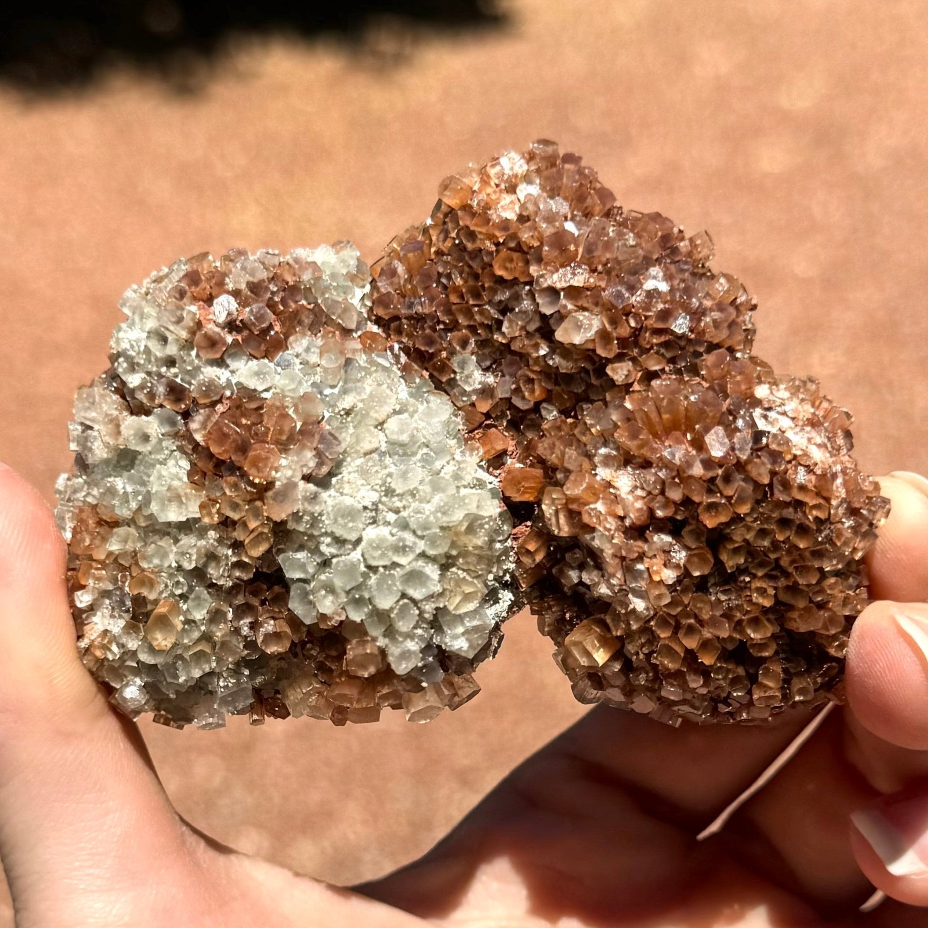 A rounded lumpy sputnik aragonite roughly shaped like a motorcycle pointed right, with angled handlebars, a flat seat and spherical wheels below. The crystals are small and short, fairly evenly spaced like scales. The right side of the piece is red-brown and the left side is mostly white. The piece is spotted with small white crystals on the surface, mainly between aragonite crystals.