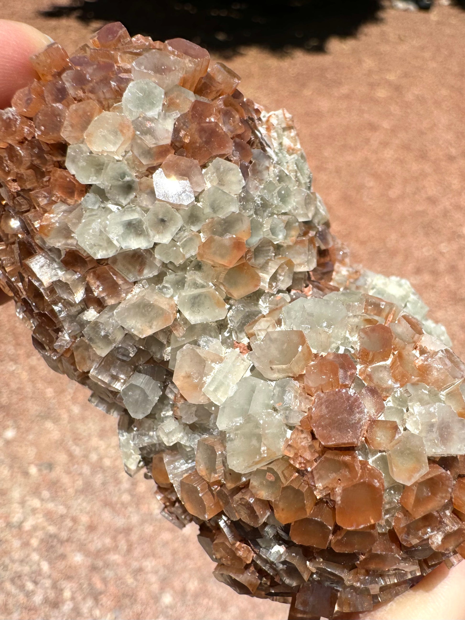 Detail view of the large crystal size on the piece, with good pseudo-hexagonal form and some flattened diamond-shaped crystals.