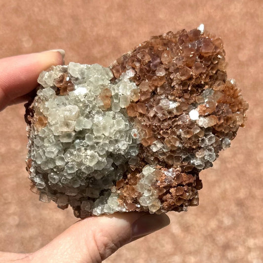 A piece of sputnik aragonite shaped like a chefs hat, with a flat base and bulging lumpy top. The piece is about half white and half red-brown. The piece has well-formed crystals somehat haphazardly arranged.