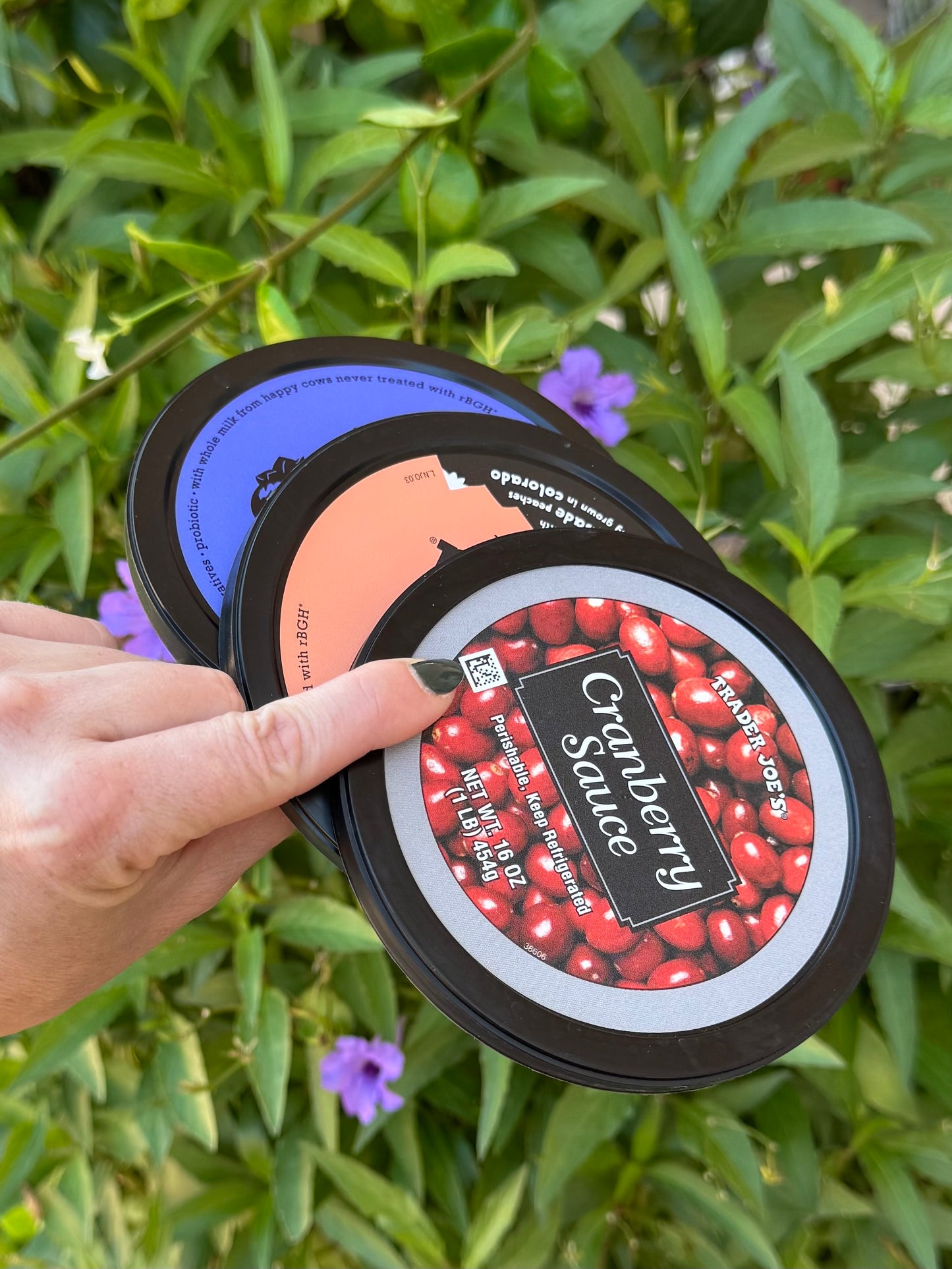 A top-view of the lids, showing they are labeled. The one on top is from cranberry sauce and the other two from yogurt