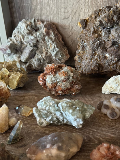 View of the piece on a mineral shelf, showing it has good color and luster relative to other pieces.