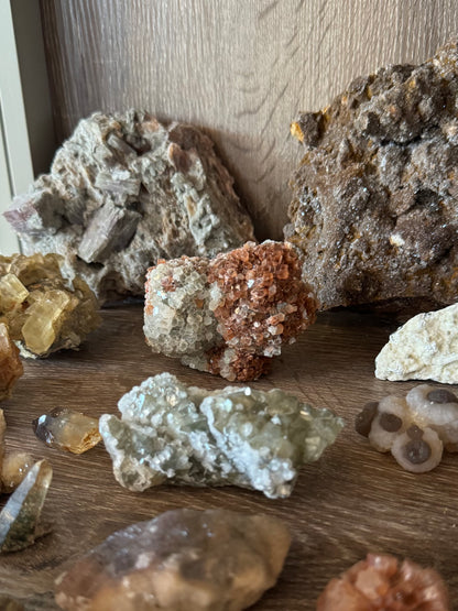 The piece on a mineral shelf, showing its relatively vibrant red-brown color and good luster. The piece is self-standing on the flat broken end.