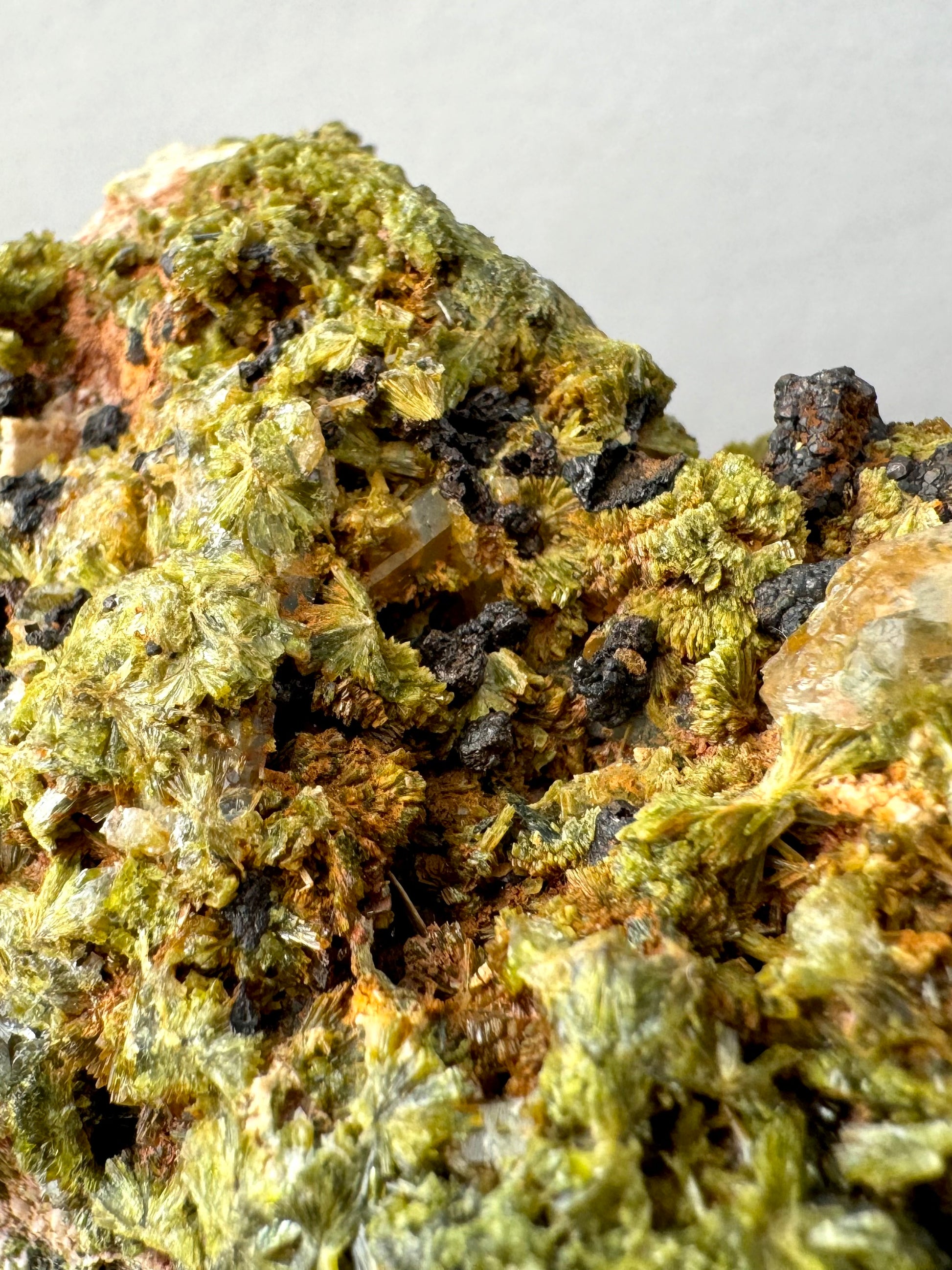 Detail of fair-quality epidote sprays with some better-formed, with a lot of magnetite pieces embedded in it.