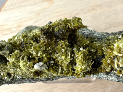 Detail of the top of the specimen, covered with epidote crystals oriented in different positions with one large bow-tie formation.