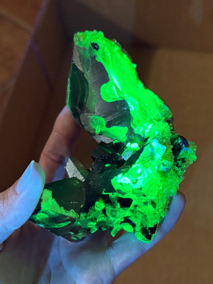 Smoky quartz and black tourmaline cluster with hyalite