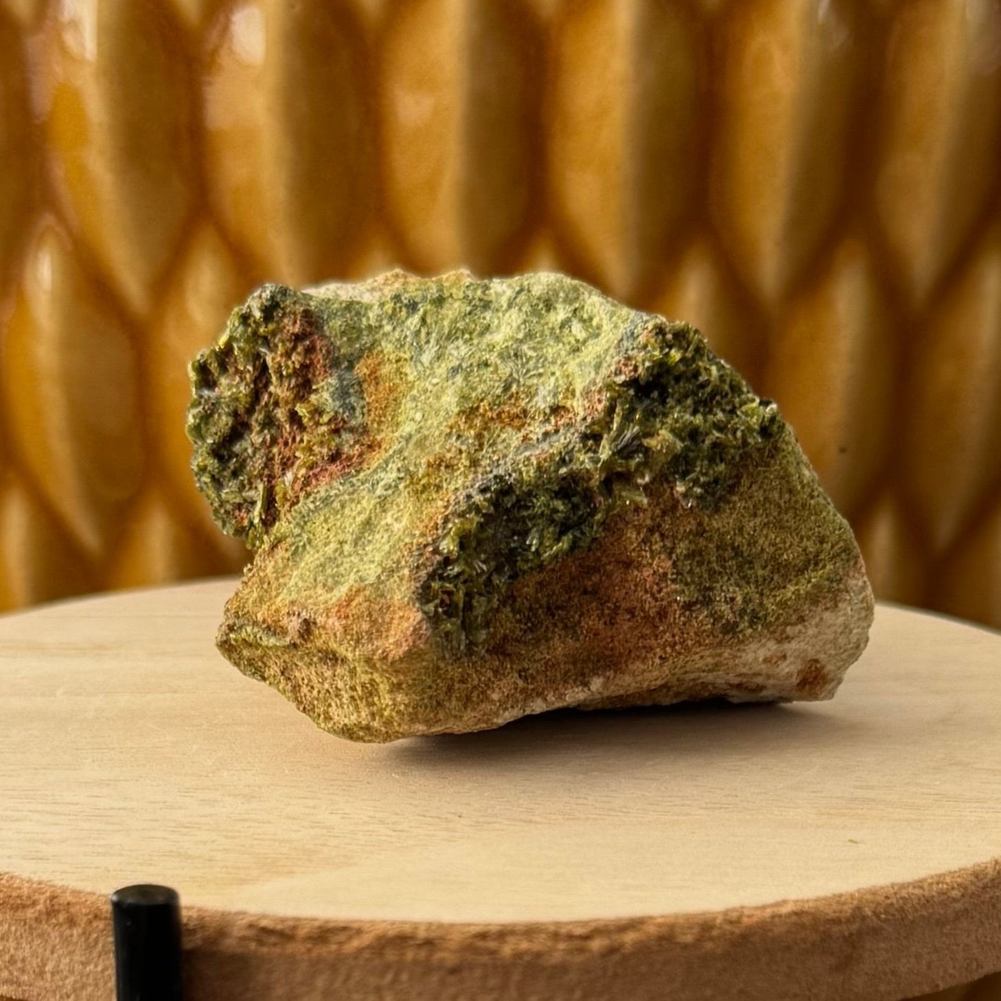 An irregular pointed piece of sandy matrix tinted green by epidote, with a crust of epidote crystals on each end.