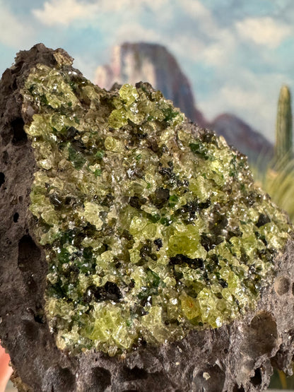 Detail of a patch of peridotite with a think chunky mix of the three minerals, with the largest crystals the light olivine.