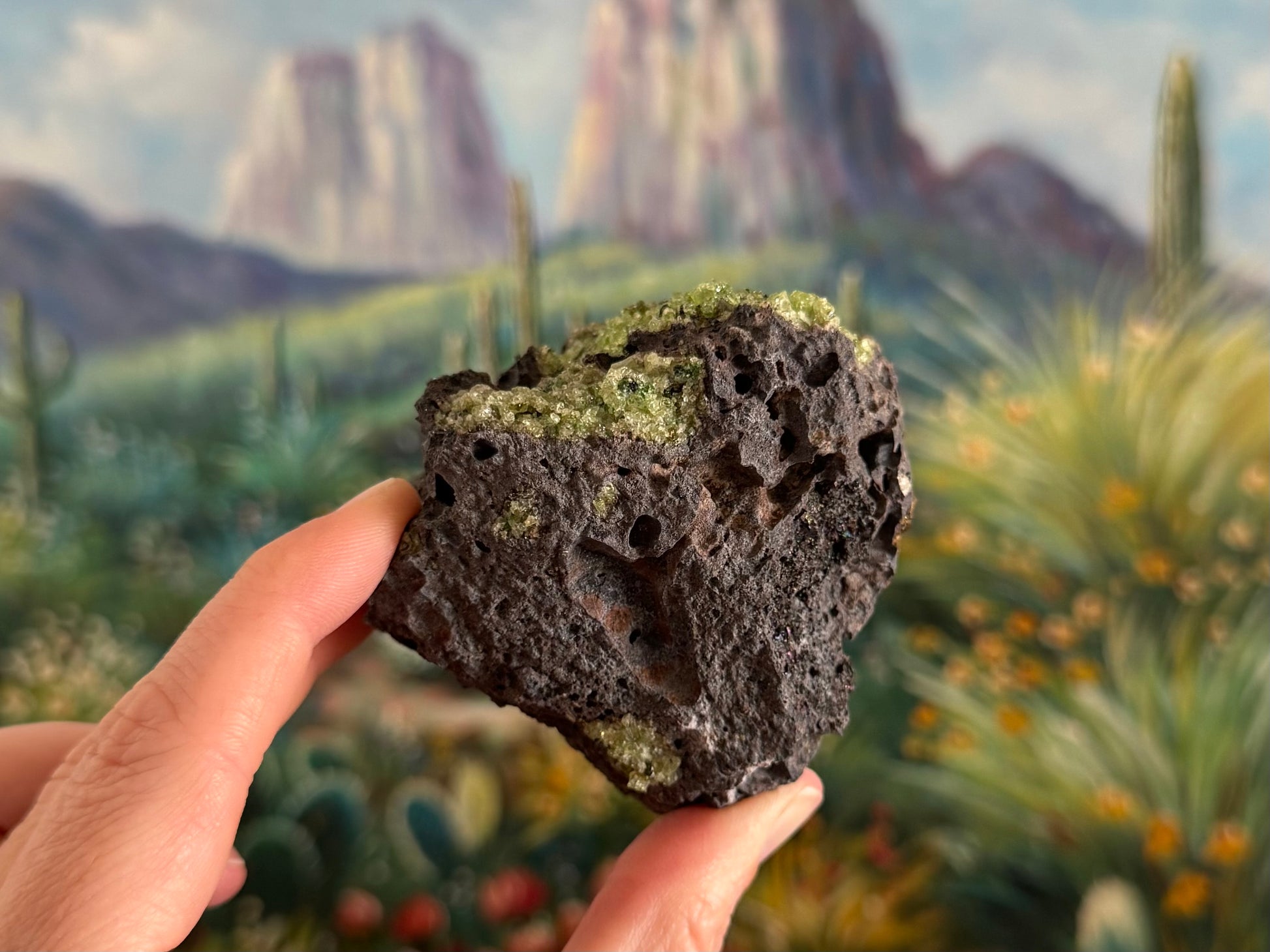 A side of the specimen with only a few small pockets of peridotite, and several large elongated bubble holes in the volcanic rock.